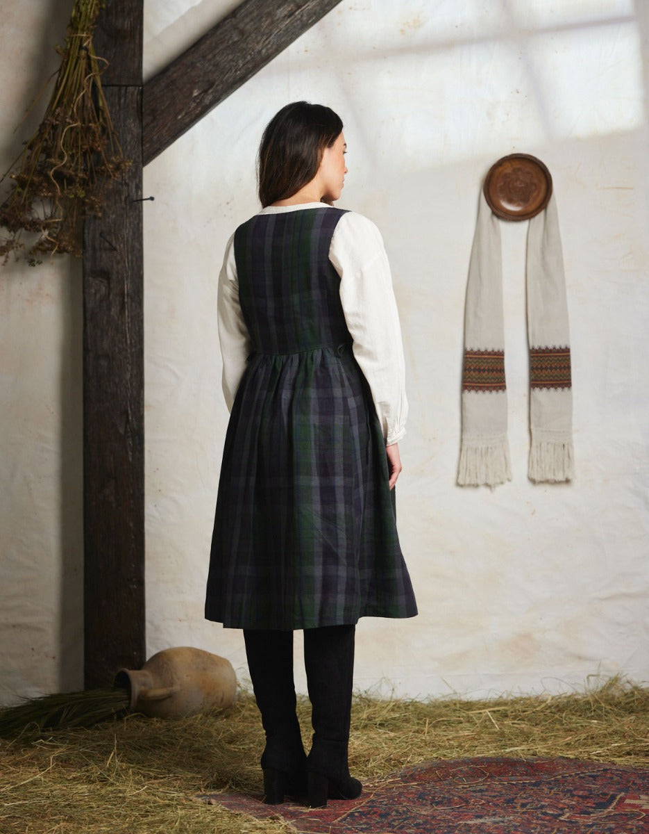 "Vera" green tartan linen jumper dress