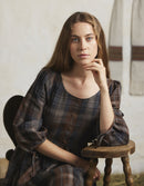 Robe manches 3/4 'Vera' en lin écossais marron
