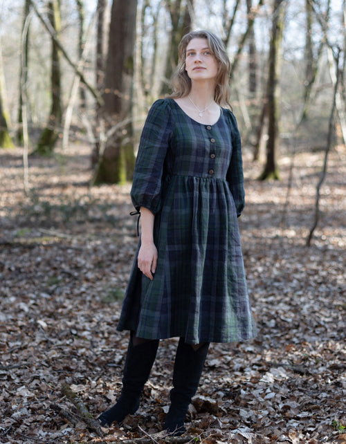 "Vera" green tartan linen dress with 3/4 sleeves