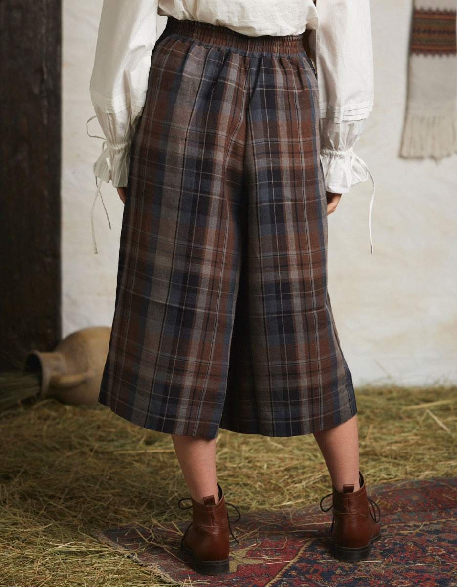 Pantalon 'Vera' en lin écossais marron