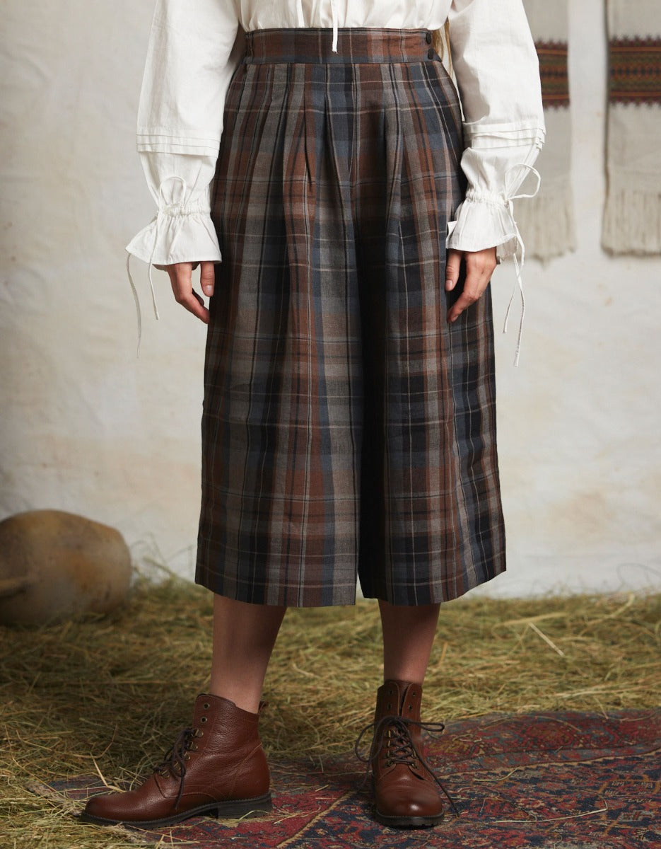 Pantalon 'Vera' en lin écossais marron