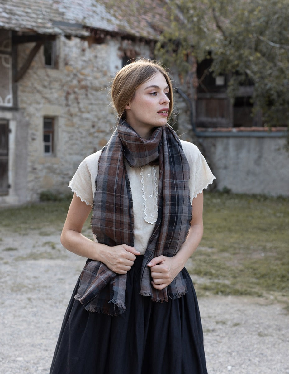 Foulard 'Vera' en lin ecossais marron