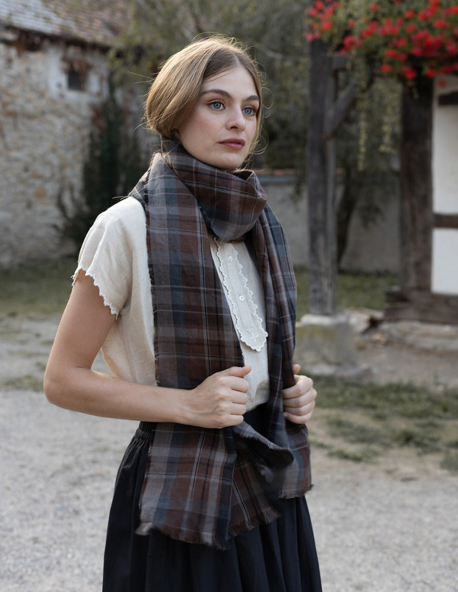 Foulard 'Vera' en lin ecossais marron