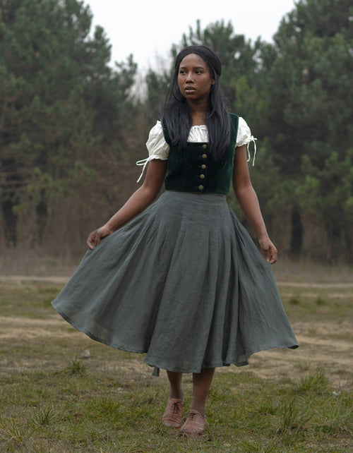 Jupe 'Vineta' midi en lin vert sauge