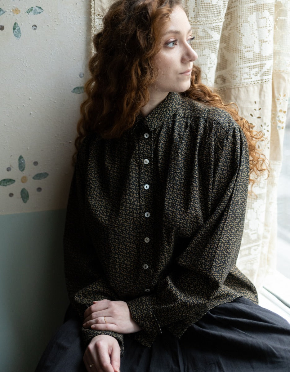 "Viola" black leaves cotton blouse