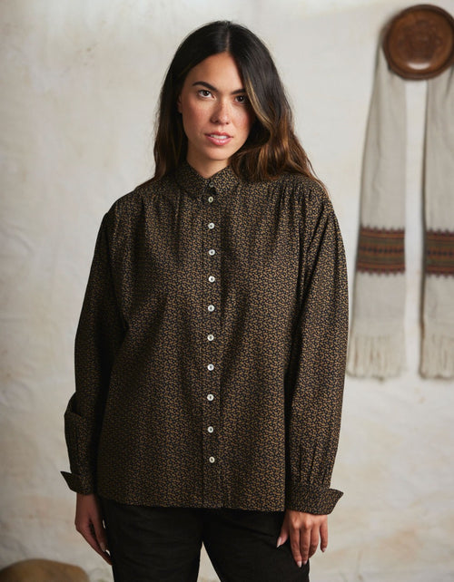 "Viola" black leaves cotton blouse