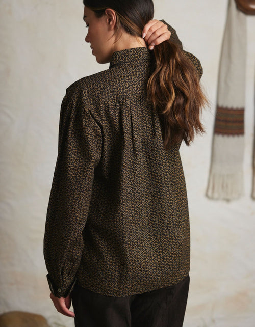 "Viola" black leaves cotton blouse