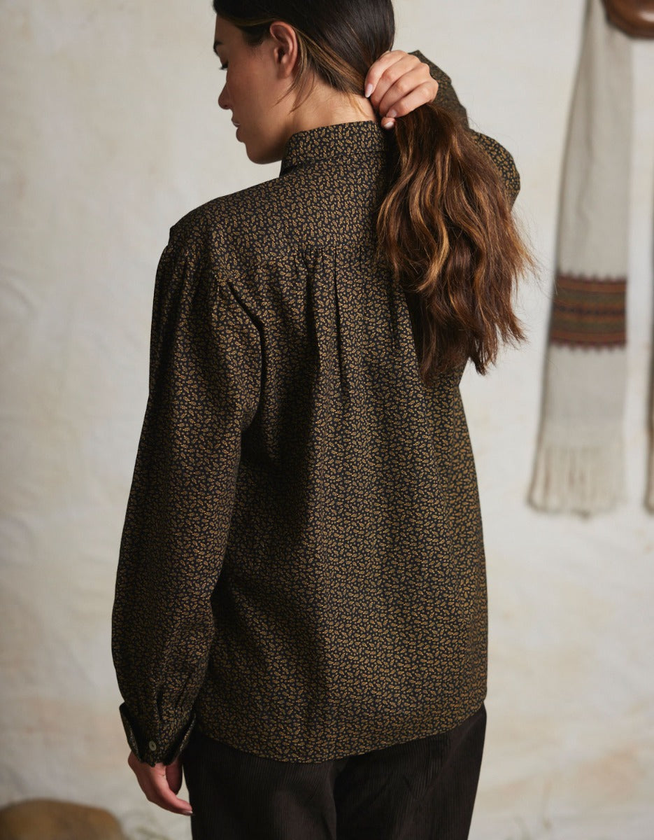 "Viola" black leaves cotton blouse
