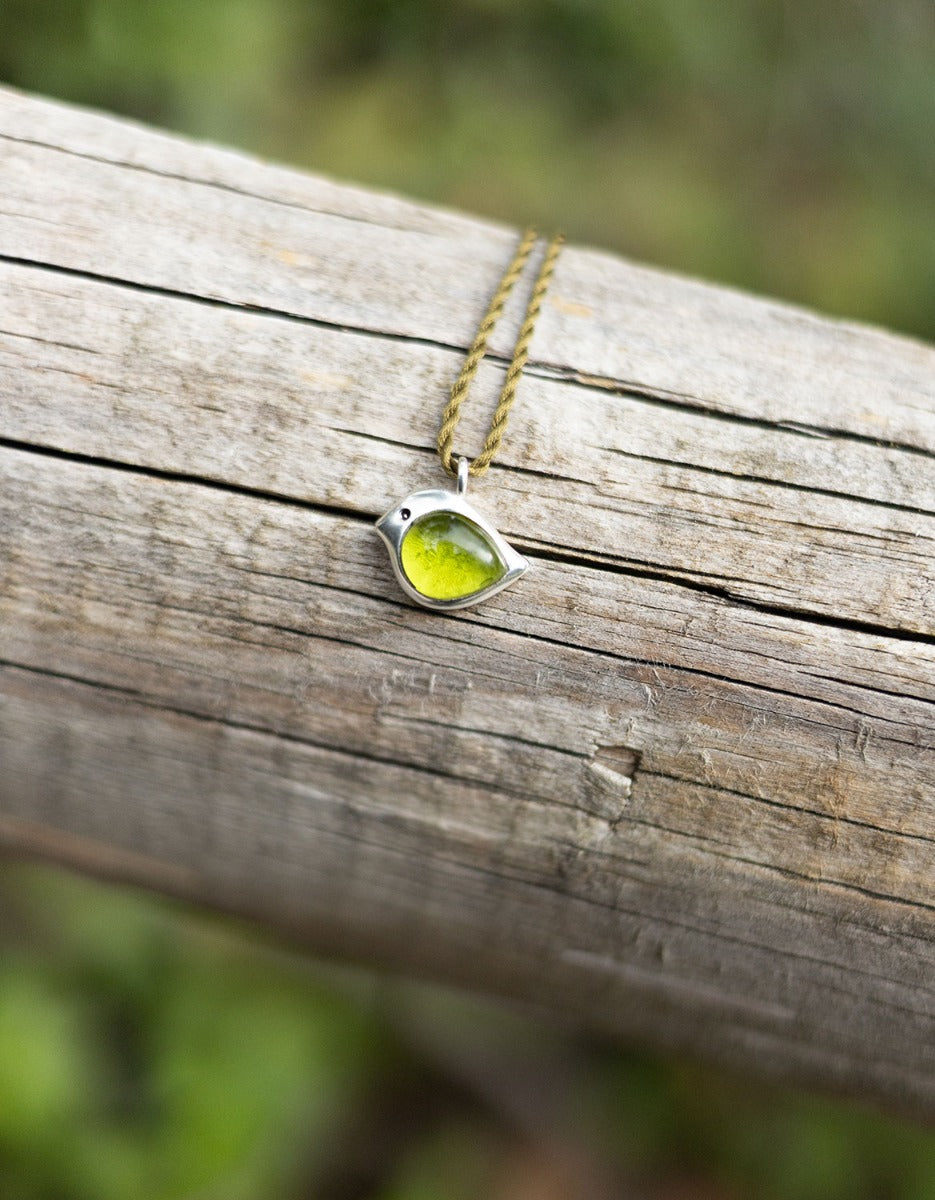 'Volya' silver bird pendant with green Moldavite and Silk cord
