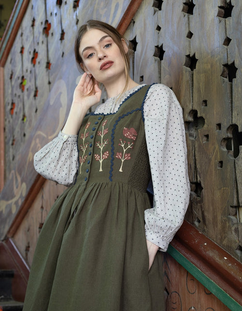 "Tilda" moss green linen dress with embroidered rust tulips