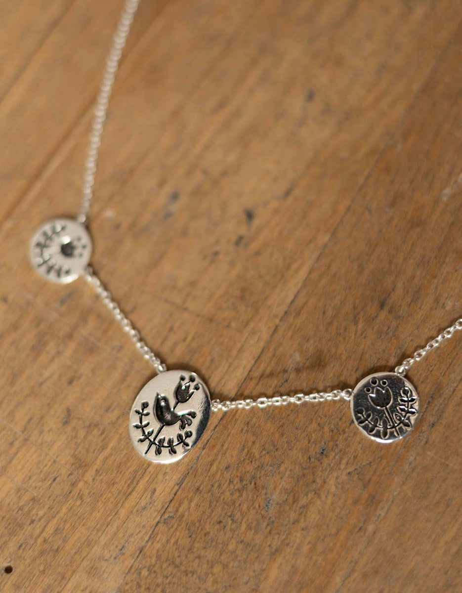 'Zina' triple folk sparrow necklace in sterling silver